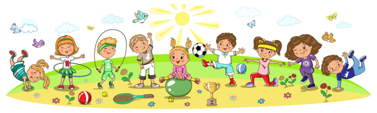 Kindergarten, school children sport activity. Soccer, running, jumping, football, tennis, gymnastic