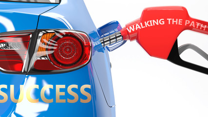 Walking the path, success and happy life - pictured as a fuel pump and a car with success sticker, shows concept that Walking the path brings profits and success in life, 3d illustration