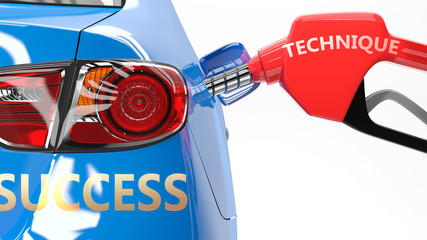 Technique, success and happy life - pictured as a fuel pump and a car with success sticker, shows concept that Technique brings profits and success in life, 3d illustration