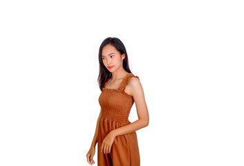 Thai girl long hair in brown tank top dress