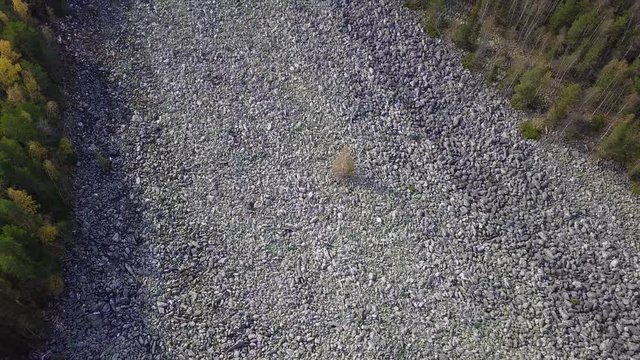 Taganay National Park in Russia in Autumn. Aerial View of "Big Stone River", Biggest Deposit Occurrence of Aventurine Quartz