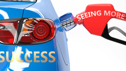 Seeing more, success and happy life - pictured as a fuel pump and a car with success sticker, shows concept that Seeing more brings profits and success in life, 3d illustration