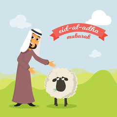 Cartoon arabian man with sheep for Eid-Al-Adha.