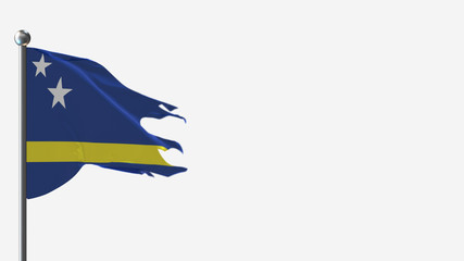 Curacao 3D tattered waving flag illustration on Flagpole. Perfect for background with space on the right side.