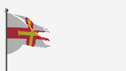 Guernsey 3D tattered waving flag illustration on Flagpole. Perfect for background with space on the right side.