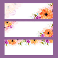 Watercolor flowers decorated web headers set.
