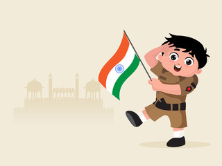 Little boy dressed like an Indian Army Soldier with Flag.