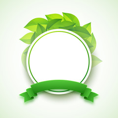 Sticker, label with green ribbon and leaves.