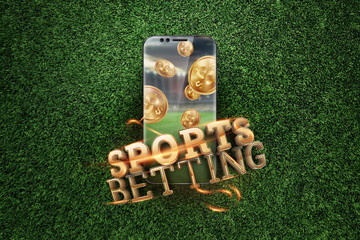 Gold inscription Sports Betting on a smartphone on a background of green grass. Bets, sports betting, bookmaker. Mixed media