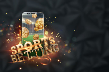 Gold inscription Sports Betting on a smartphone on a dark background. Bets, sports betting, bookmaker. 3D design, 3D illustration
