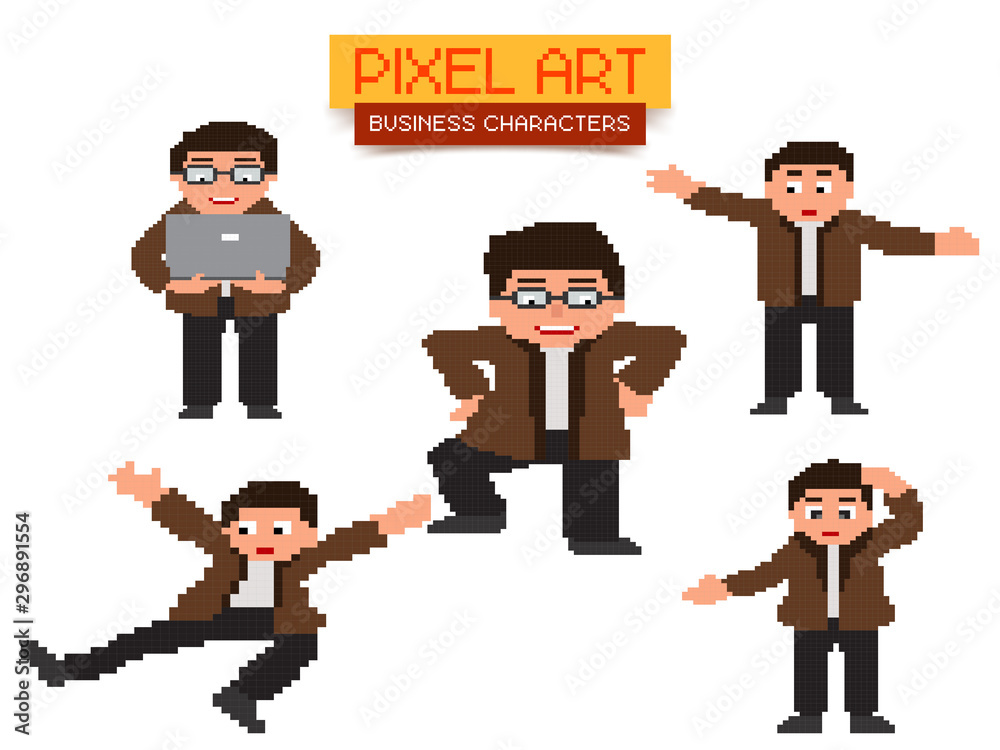 Poster set of five pixel art business characters.