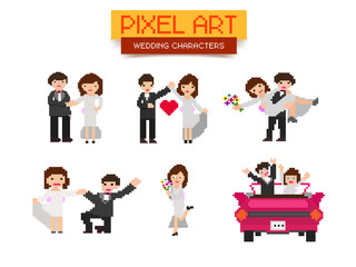 Pixel Art Wedding Characters set.