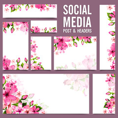 Social Media Post and Headers with pink flowers.