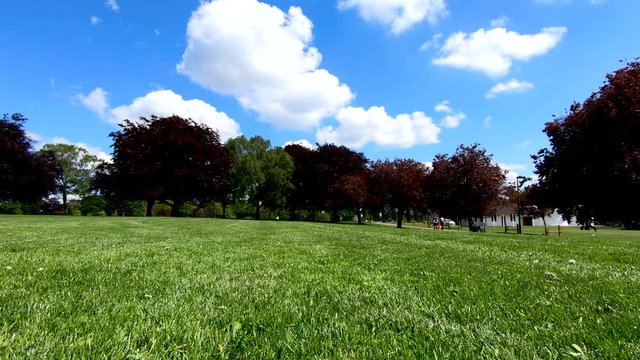 Low perspective view of war memorial park in Coventry on a warm spring day