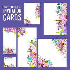 Watercolor flowers decorated invitation cards set.