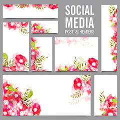 Social Media Post and Headers with red and pink flowers.