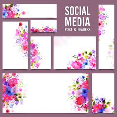 Social Media Post and Headers with colorful flowers.