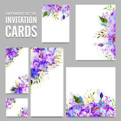 Invitation Cards set with purple and blue flowers.
