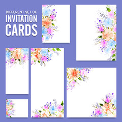 Invitation Cards set with colorful watercolor flowers.