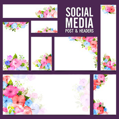 Social Media post and headers with colorful flowers.