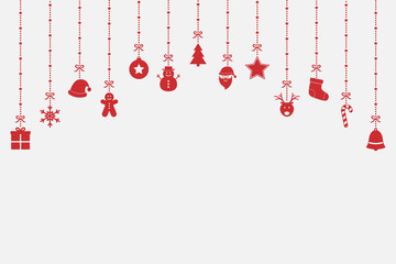 Hanging Christmas elements on background with copyspace. Festive ornament. Vector