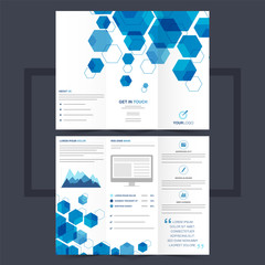 Business trifold leaflet or flyer design with blue hexagonal shapes.