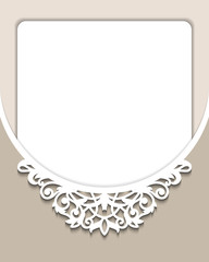 Wedding invitation or save the date card. Template of cutout paper. Ornamental frame with lace decoration on beige background. Openwork vector silhouette. Vintage border is suitable for laser cut.