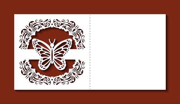 Laser cut template of wedding invitation with butterfly and ornate frame. Mockup square greeting card. Border ornament. Lace decor panel with openwork vector silhouette. Die cut for Valentine's day.