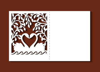 Laser cut template of wedding invitation. Twig with leaves over swans. Card with openwork vector silhouette of branchs. Couple birds in love. Decor panel for Valentine's day. Paper cutout, wood carved