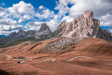 Passo Giau, Averau peak in Dolomites in autumn, aerial view