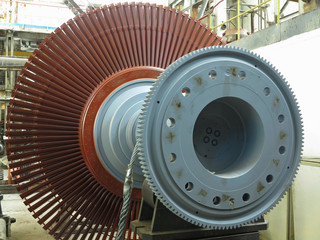 Power generator steam turbine in repair process, machinery, pipes, tubes at power plant