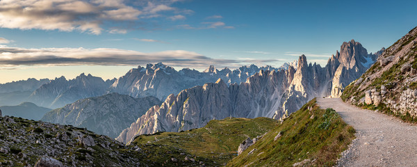 Panorama of mountains trail to Tre Cime in Dolomites, Italy - obrazy, fototapety, plakaty