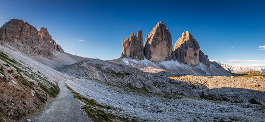 Beautiful panorama of Tre Cime di Lavaredo at sunrise, Dolomites