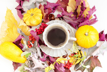 Autumn coffee time. Autumn leaves, pumpkins and berries on white table. 
