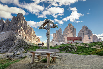 Little Christian cross, Tre Cime and Dreizinnen hut, Dolomites, Italy