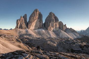 Beautiful view to Tre Cime peaks in Italian mountains