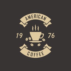 Color illustration promoting american coffee. Vector illustration of a cup with coffee grains and banner with text