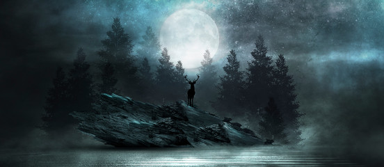 Fototapeta Futuristic night landscape with abstract forest landscape. Dark natural forest scene with reflection of moonlight in the water, neon blue light. Dark neon circle background, dark forest, deer. obraz