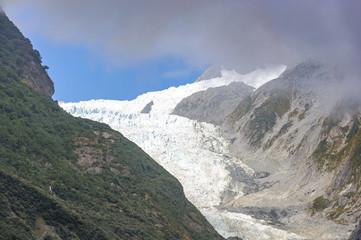 Fototapeta na wymiar Franz Josef Glacier and valley floor, Westland, South Island, Franz Josef Glacier National Park, in New Zealand