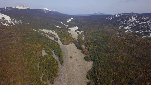 Taganay National Park in Russia in Autumn. Aerial View of "Big Stone River", Biggest Deposit Occurrence of Aventurine Quartz