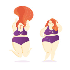 Happy playful flirting red haired young woman standing in her underware. Fat shaming, self acceptance, body positive.  Flat cartoon colorful vector illustration. - 296896915