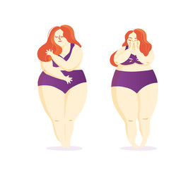 Sad ashamed confused red haired young woman standing in her underwear. Fat shaming, body negative positive, bullying concept.  Flat cartoon colorful vector illustration. - 296896919