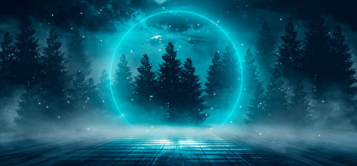 Obraz premium Abstract night landscape. Neon blue light, tree silhouettes, reflection in the water, moonlight light. Misty forest, dark, smoke, smog. Night view.