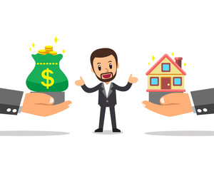 Cartoon business concept businessman with house and money for design.