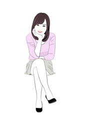 頬杖をつき足を組む若い女性