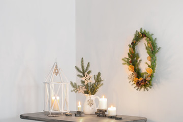 Christmas decoration on background white wall