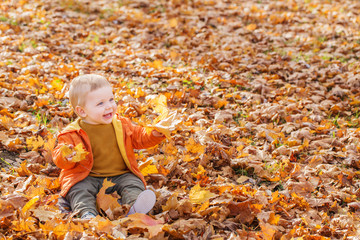 little baby in sunny autumn park