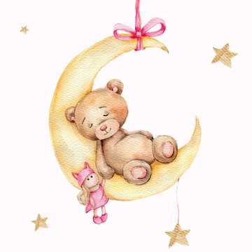Naklejka Cute slepping teddy bear on the moon and golden stars  watercolor hand draw illustratuion  with white isolated background