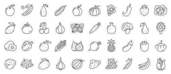 Fruit berry vegetable food line icon vector set - obrazy, fototapety, plakaty