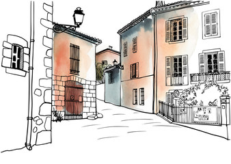 Nice veiw of romantice Provence. Hand drawn line sketch.. Vector illustration on background watercolor